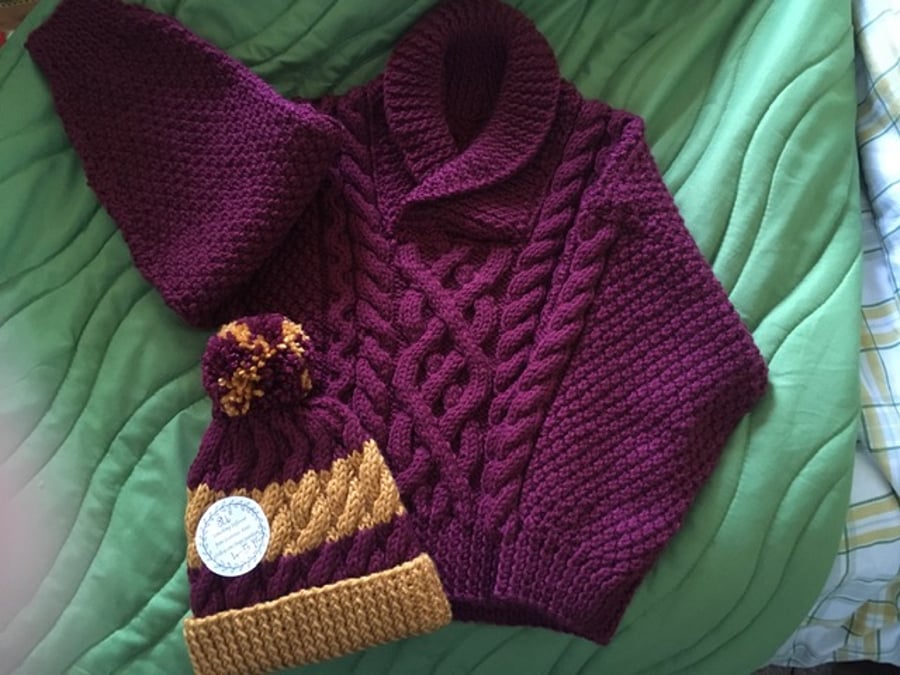 Boys Cross over Aran Jumper and Bobble hat - Harry Potter colours