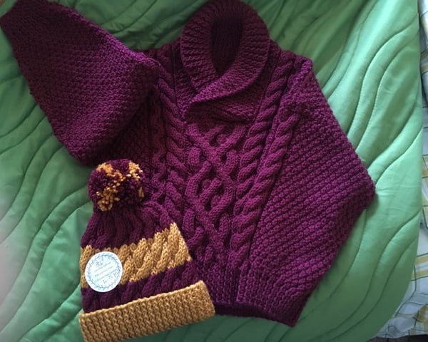 Boys Cross over Aran Jumper and Bobble hat - Harry Potter colours