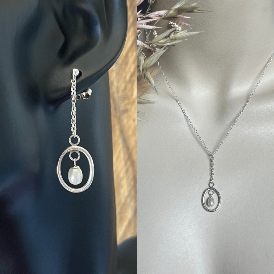 Handmade Oval Hoop Pearl Drop Earrings & Pendant Set