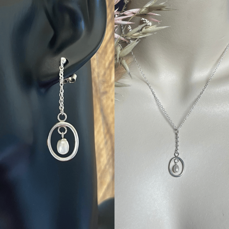 Handmade Oval Hoop Pearl Drop Earrings & Pendant Set