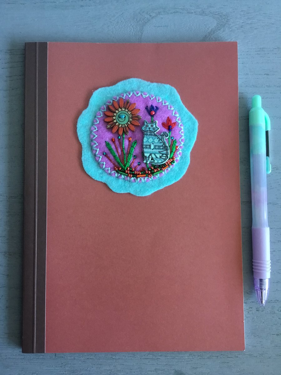 Hand Embroidered Garden Cat Notebook Set