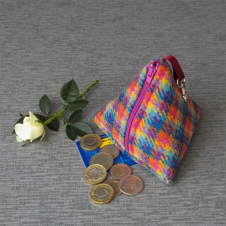 Harris tweed purse pyramid coin purse bright multicolour fabric purse
