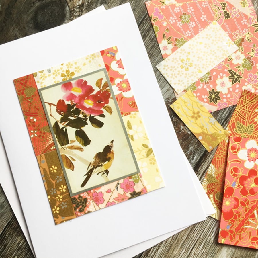 Handmade card. Finch and blossom.