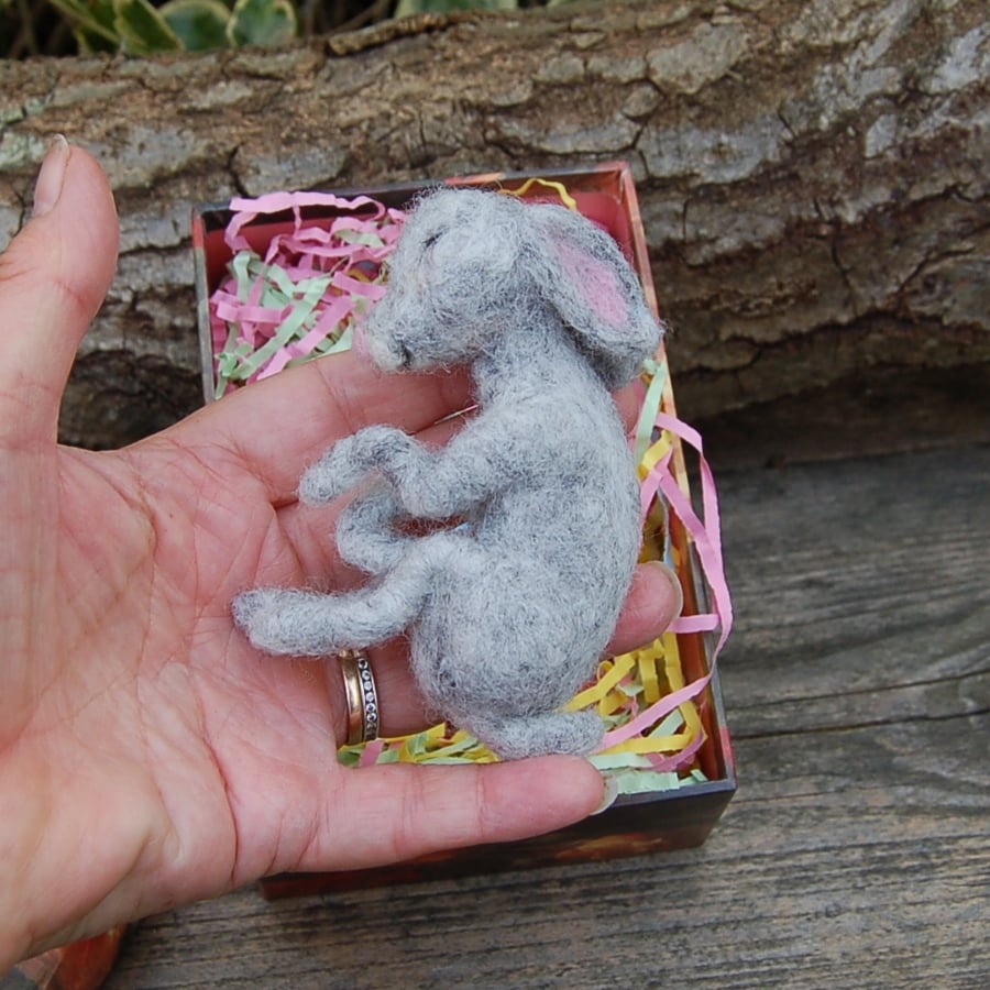 Baby Hare displayed in gift box, Fibre Art hare, needle felt hare, hare ornament