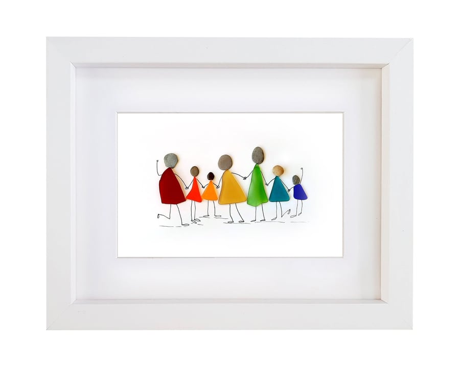 Rainbow People - Sea Glass & Pebble Picture - Framed Handmade - Wall Art Decor