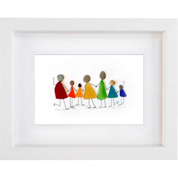 Rainbow People - Sea Glass & Pebble Picture - Framed Handmade - Wall Art Decor