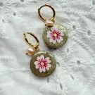 Pastel Pink Flower Gold Glitter Pearl Huggie Hoop Earrings - FREE SHIPPING