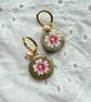 Pastel Pink Flower Gold Glitter Pearl Huggie Hoop Earrings - FREE SHIPPING