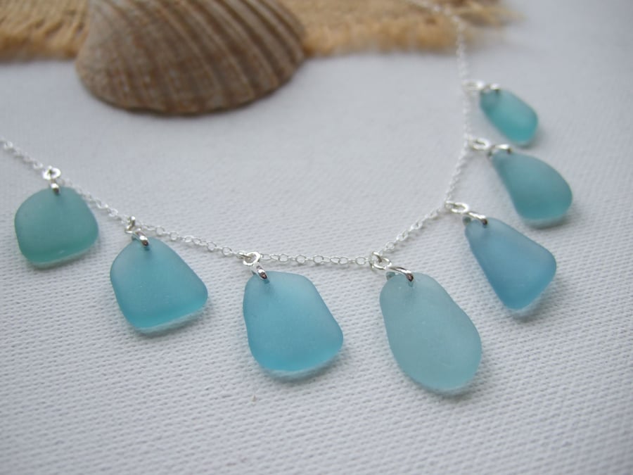 Japanese Sea Glass Necklace, Teal Sea Foam Beach Found Japan Glass, 18" Sterling