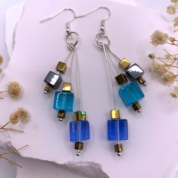 Blue Cube Glass and Hematite Boho Drop Earrings
