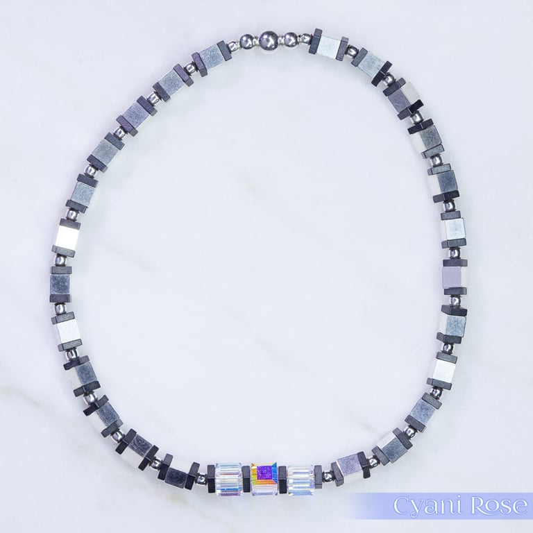 Bracelet sterling silver hematite and swarovski cubes unique handmade stretchy