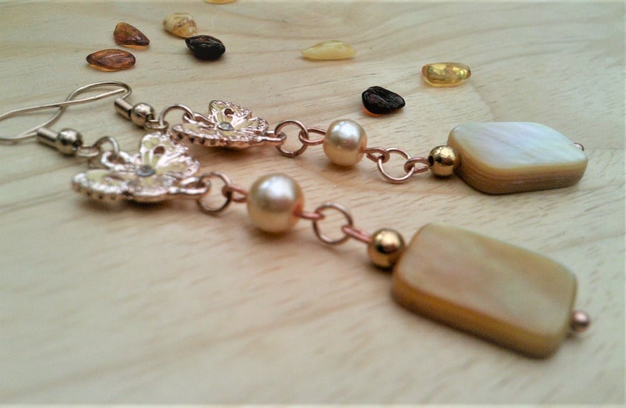 Long Shell & Pearl Butterfly Earrings, Beige, Cream and Rose Gold Earrings
