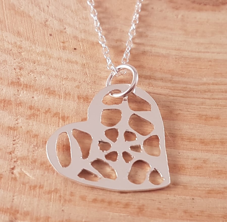 Sterling Silver Pierced Web Heart Necklace
