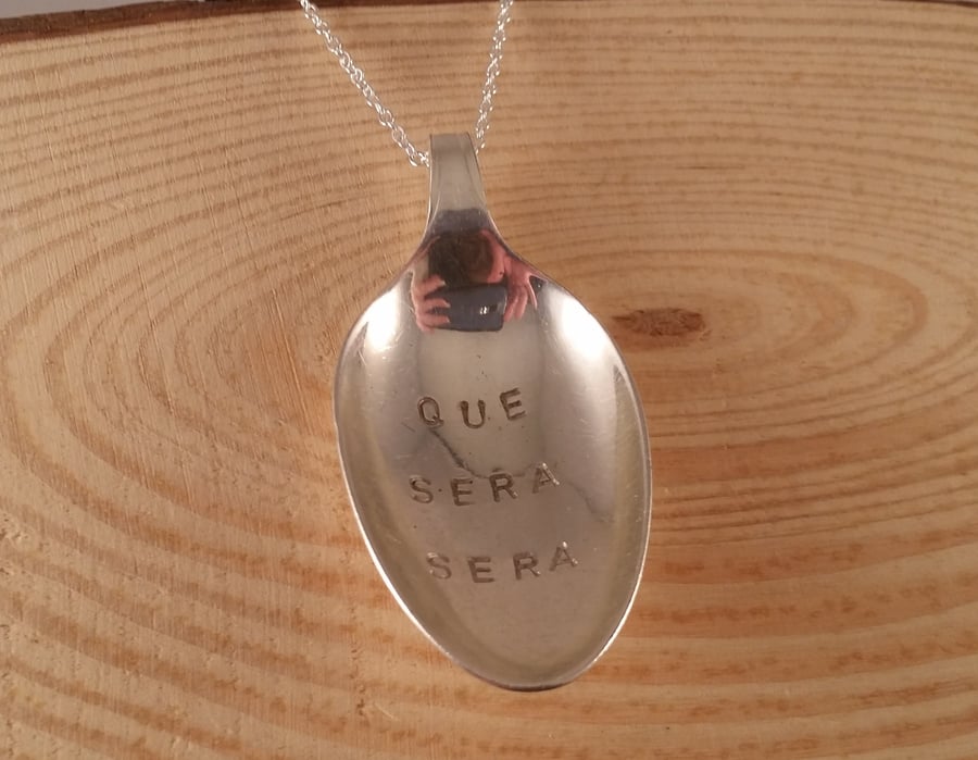 Upcycled Silver Plated Stamped 'Que Sera Sera' Spoon Necklace SPN101604