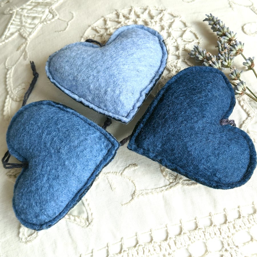 Three lavender hearts in shades of denim blue