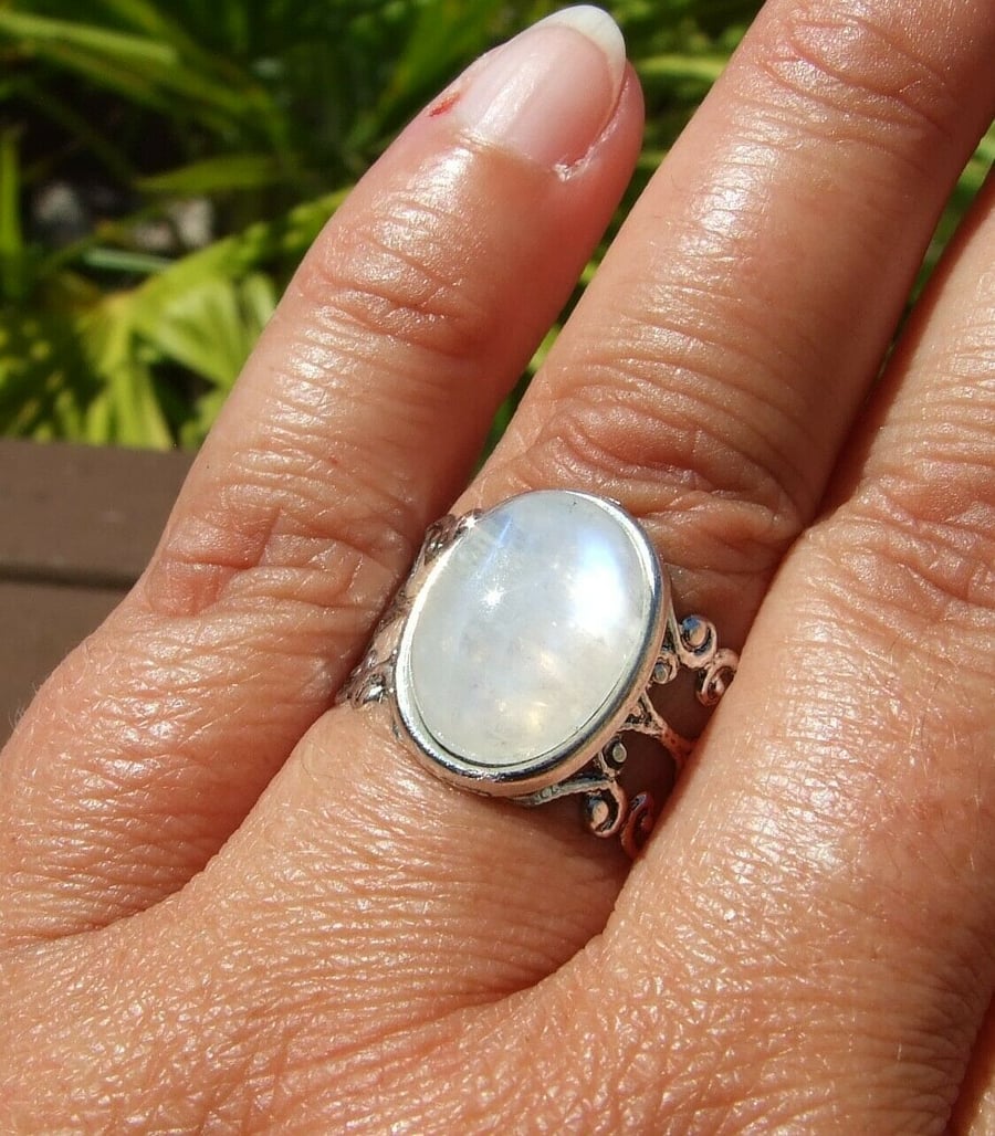 Blue Flash Rainbow Moonstone Tibetan Silver Adjustable Filigree-Style Ring