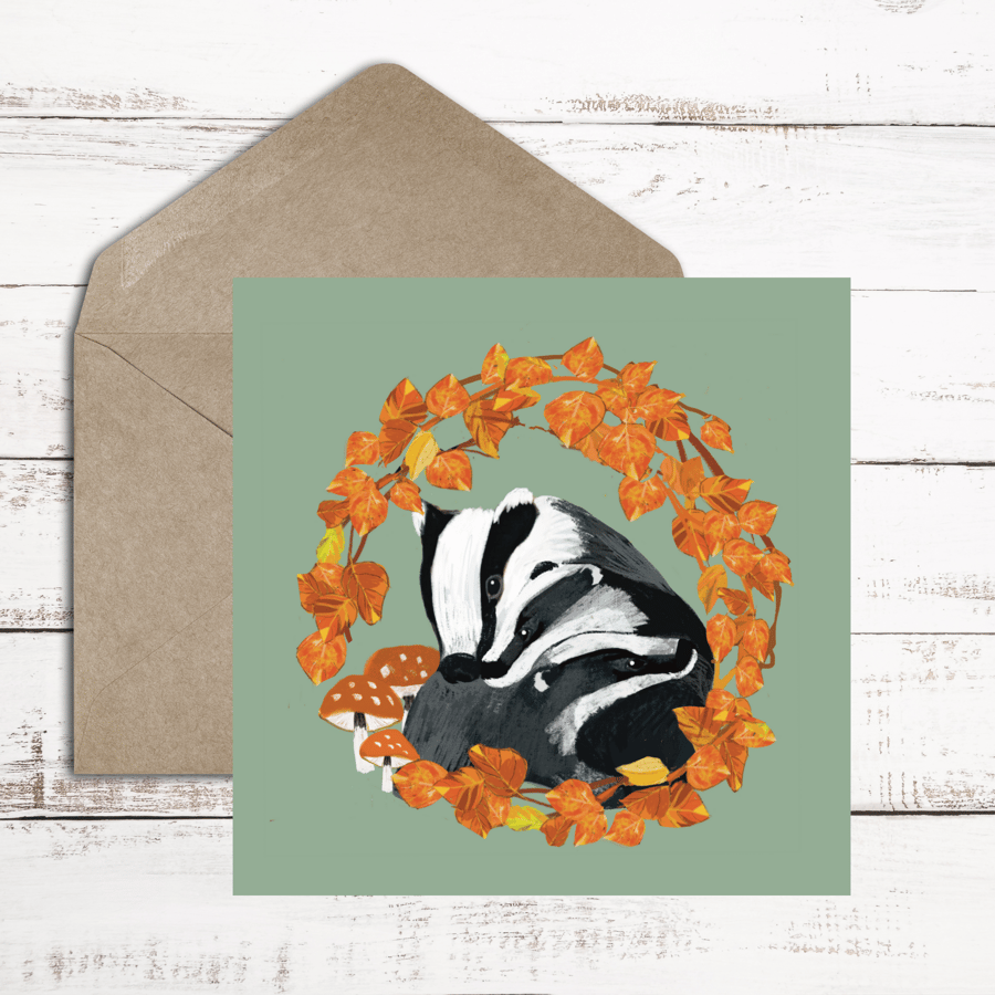 Card wildlife Badgers toadstools woodlands blank card 