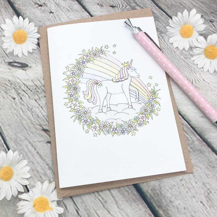 Floral Unicorn Card - Any Occasion - Birthday Card - Blank Card