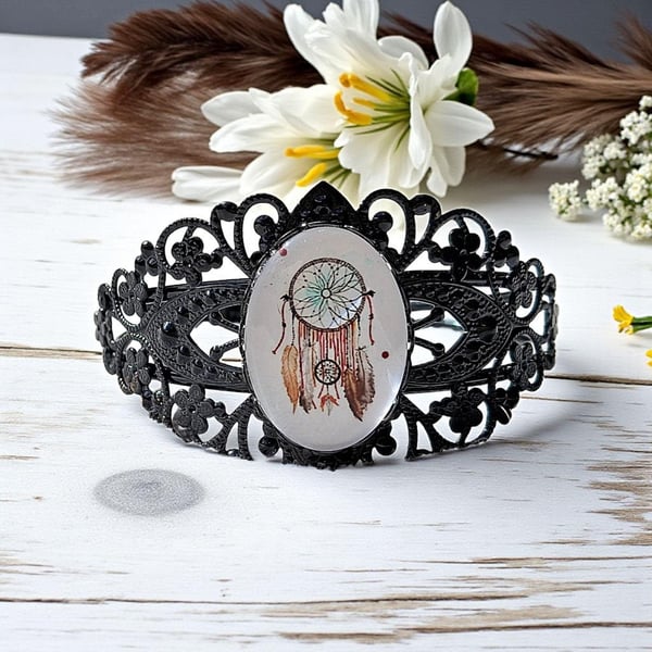 Dreamcatcher cuff bangle, mystical gifts, boho jewellery