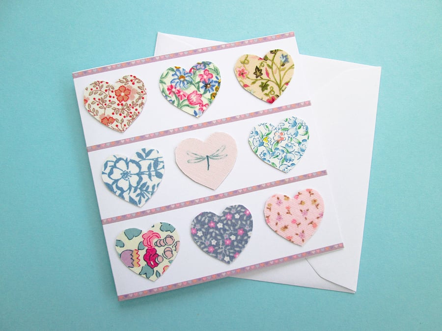 Floral fabric hearts card for Valentines, a wedding or an anniversary