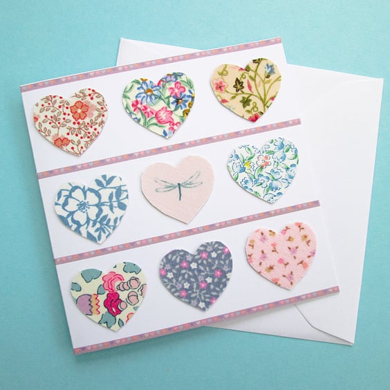Floral fabric hearts card for Valentines, a wedding or an anniversary