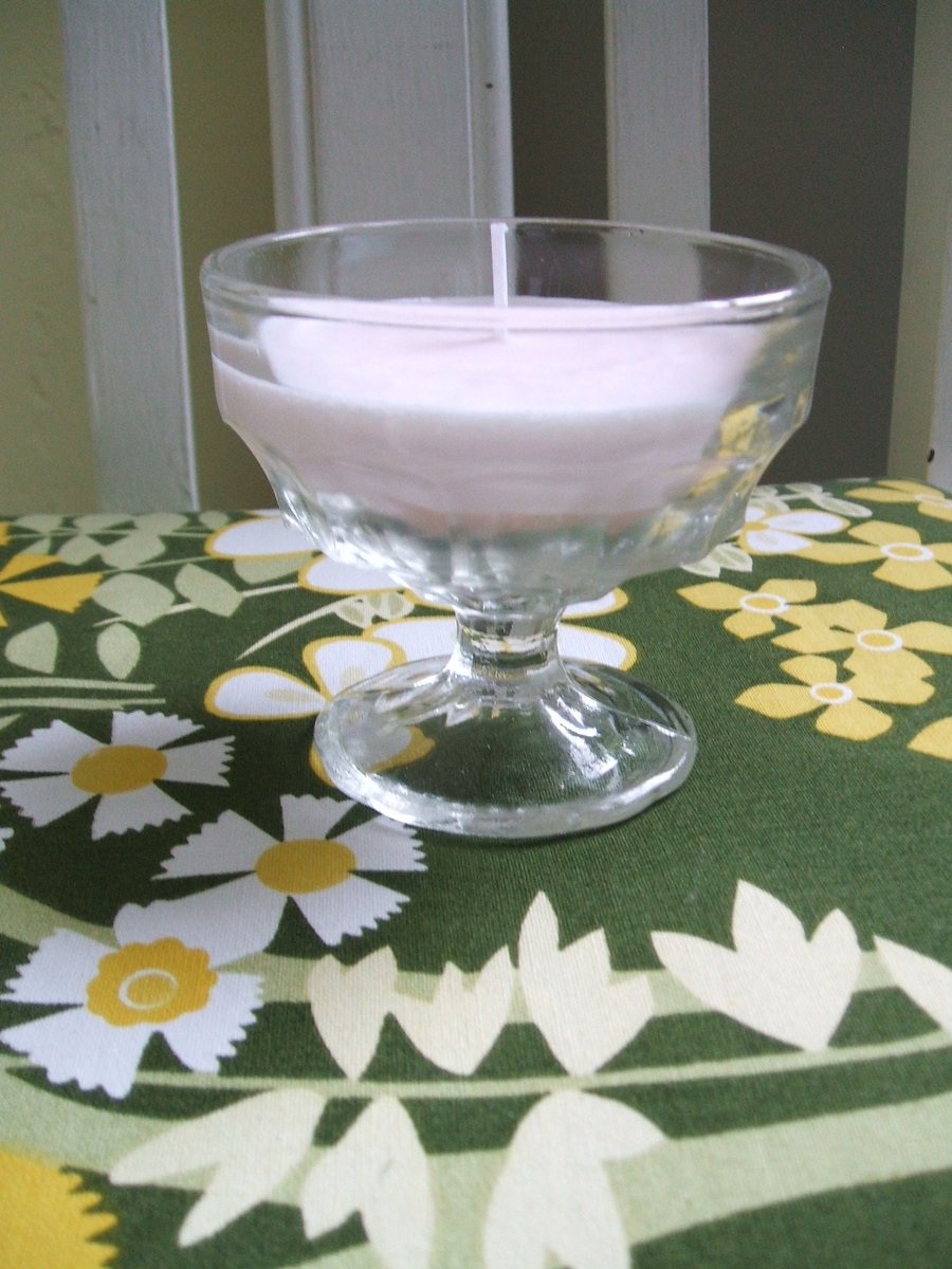 Hand poured pale pink soy wax candle in vintage pressed glass bowl - freesia
