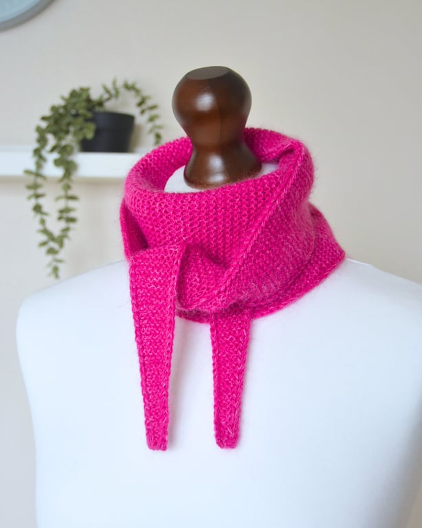 Knitted Scarf Small Triangle Scarflette Harmony Scarf Merino Silk Fuchsia Pink