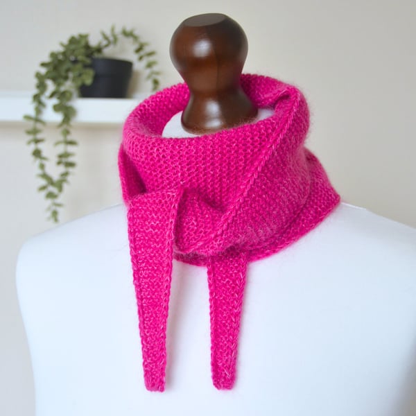 Knitted Scarf Small Triangle Scarflette Harmony Scarf Merino Silk Fuchsia Pink