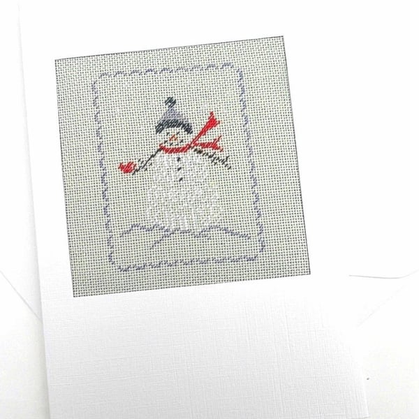 SALE..."Have A Very Merry Winter" Snowman Noël Petit Point Card"