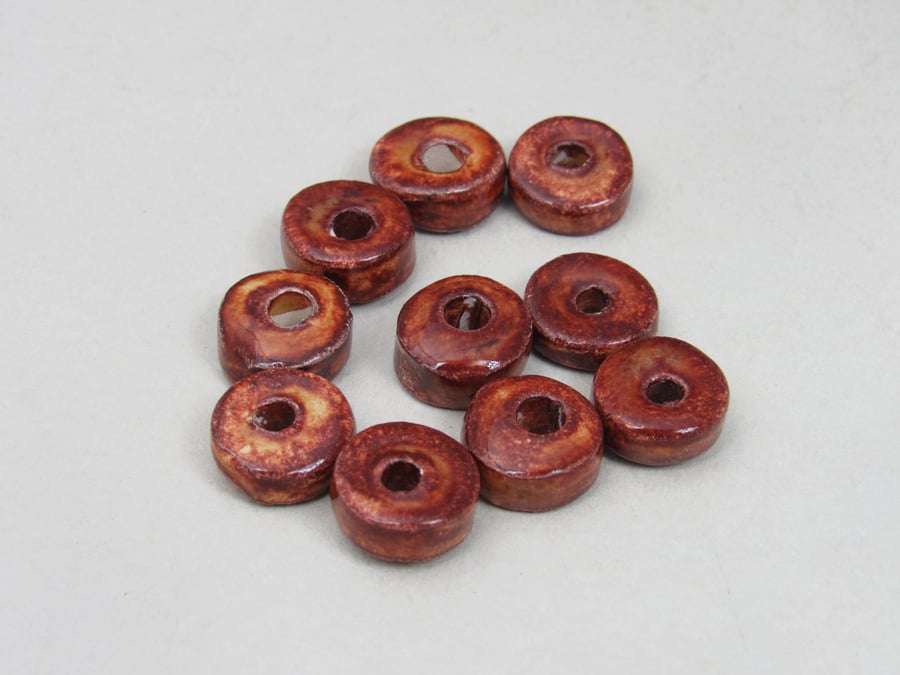 10 Small Bright Copper Glazed Ceramic Washer Beads