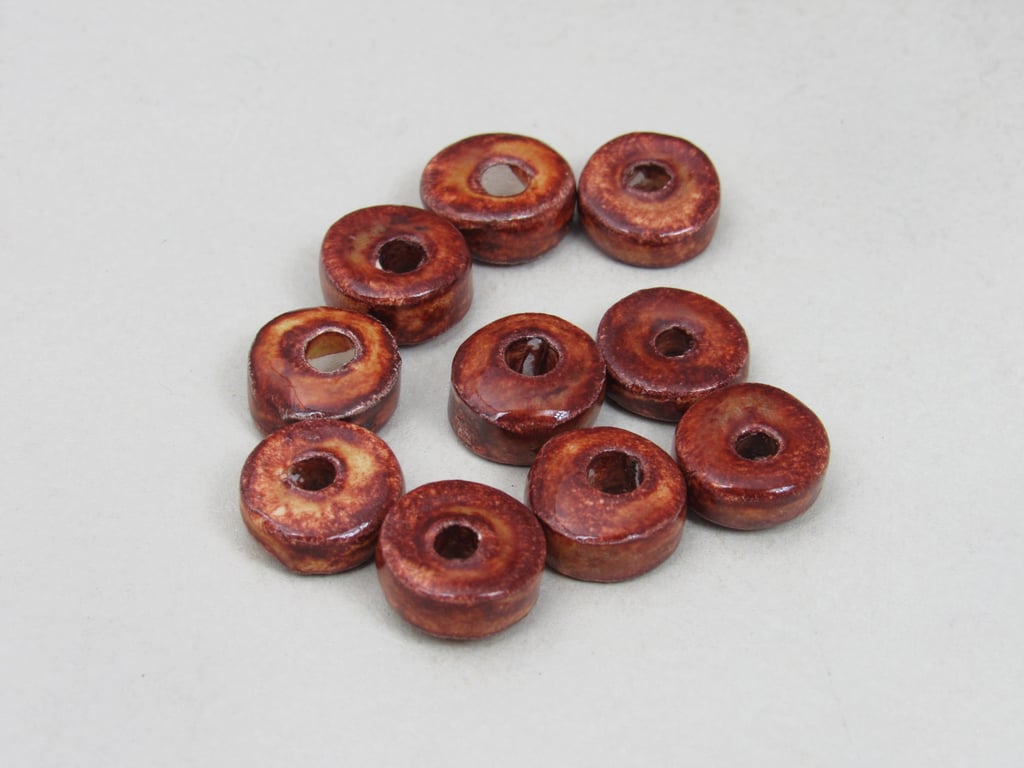 10 Small Bright Copper Glazed Ceramic Washer Beads