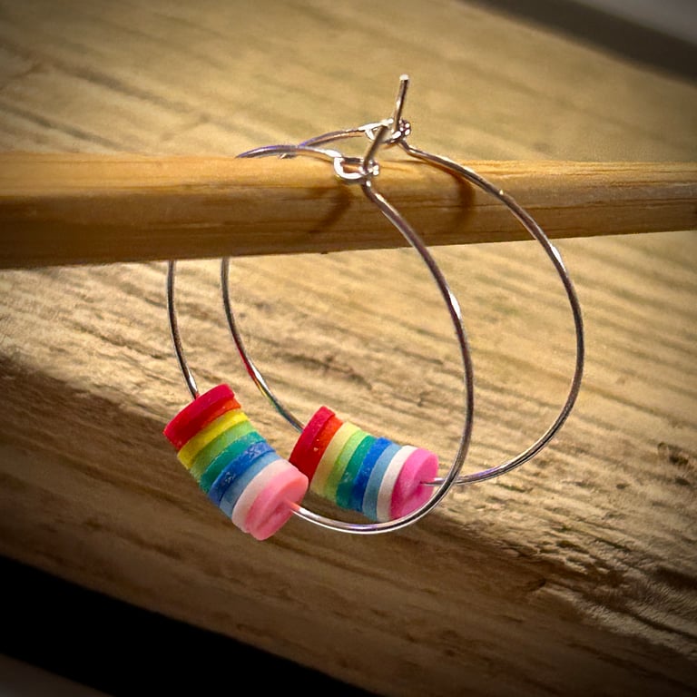 Silver Plated Hoop Earring with Rainbow Beads - Gift Boxed