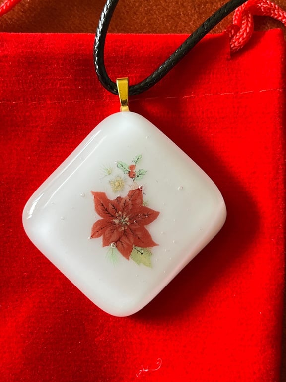 Handcrafted Artisan Christmas Poinsettia Pendant on Adjustable Black Cord