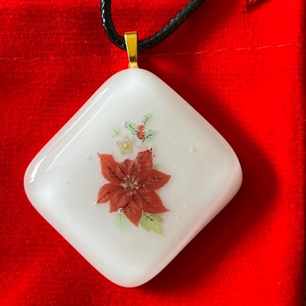 Handcrafted Artisan Christmas Poinsettia Pendant on Adjustable Black Cord