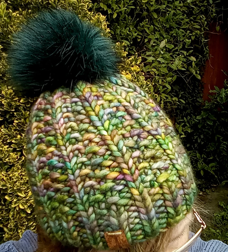  Hand Knit hat in Luxury Merino wool. Adult size. Removable faux fur pompom