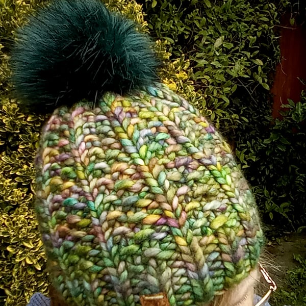  Hand Knit hat in Luxury Merino wool. Adult size. Removable faux fur pompom