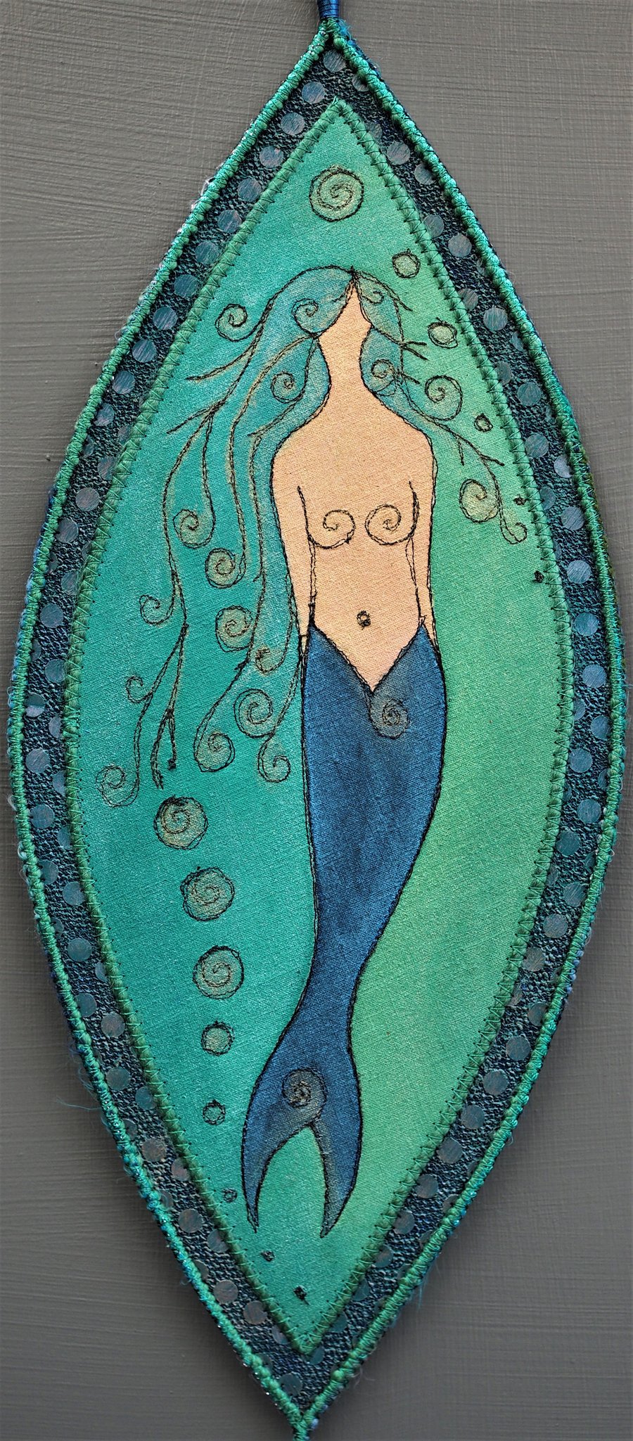 MAE001 - Mermaid Embroidery Wall Hanging - 15cm x 35cm - Jade - Blue - Black