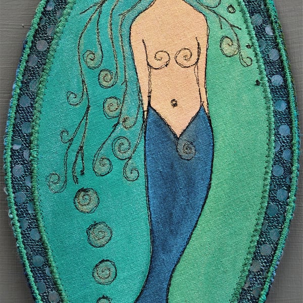 MAE001 - Mermaid Embroidery Wall Hanging - 15cm x 35cm - Jade - Blue - Black