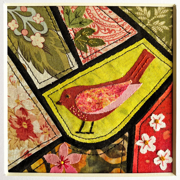 Mosaic-style fabric bird picture, textile art, textile bird, gift for bird lover