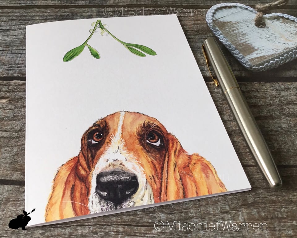 Basset Christmas Card. Basset hound dog handmade Christmas card.