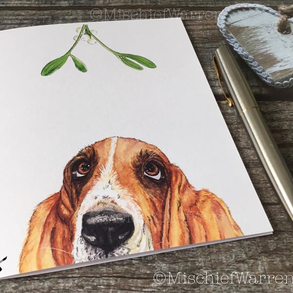 Basset Christmas Card. Basset hound dog handmade Christmas card.