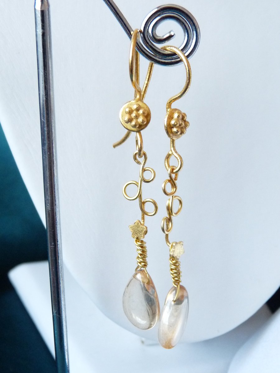 Champagne Quartz Star Drop Earrings - Genuine Gemstone