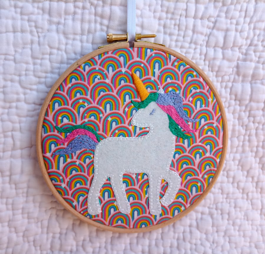 Rainbow Unicon picture - hand appliqued and embroidered hoop art 