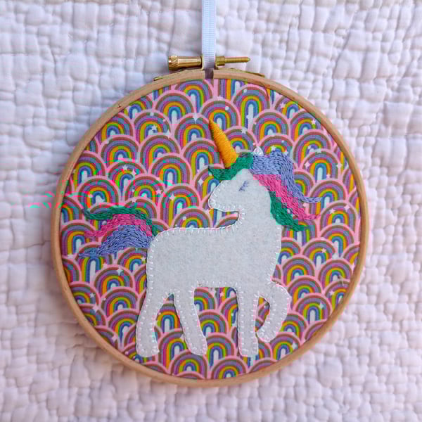 Rainbow Unicon picture - hand appliqued and embroidered hoop art 