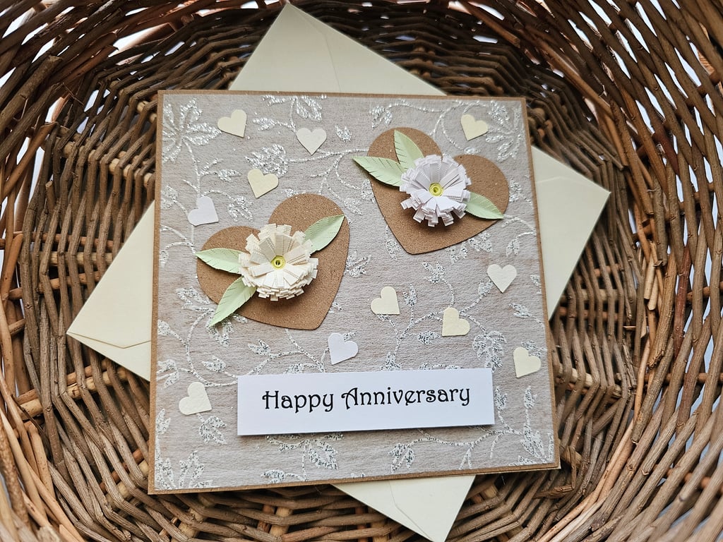 Happy Anniversary Square Card with Quilled Flowers Size 5" x 5" 