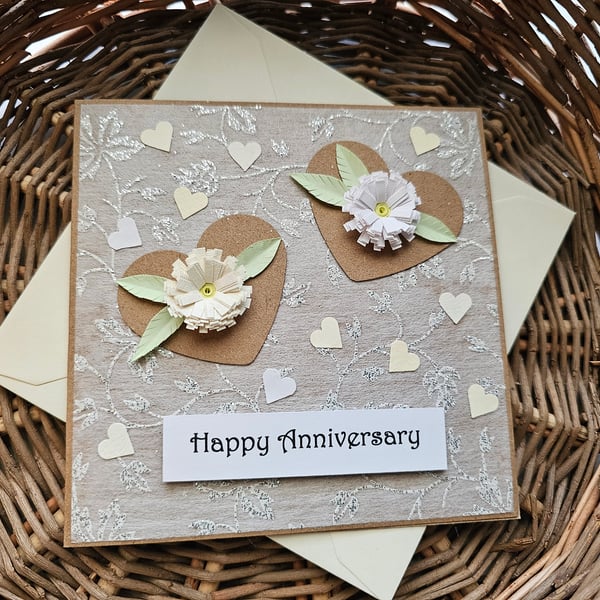 Happy Anniversary Square Card with Quilled Flowers Size 5" x 5" 