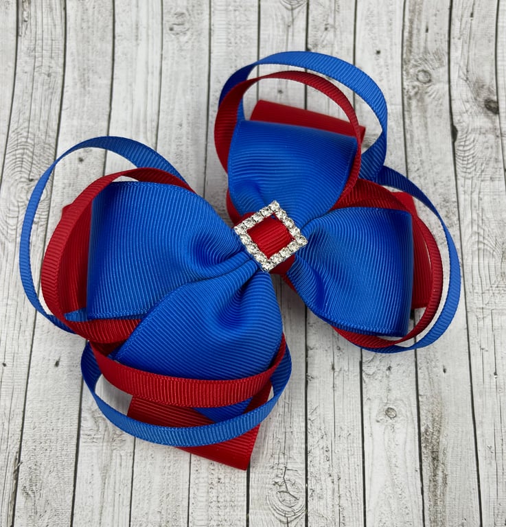 Large 5 inch Royal Blue and Red Double Layer Bow with Double Loops
