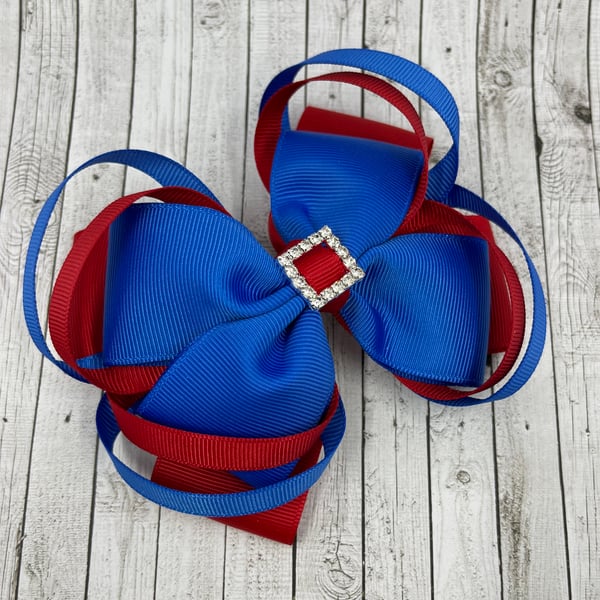 Large 5 inch Royal Blue and Red Double Layer Bow with Double Loops