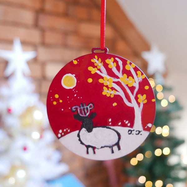 Red Christmas Decoration, White Sheep Ornament, Countryside Landscape 