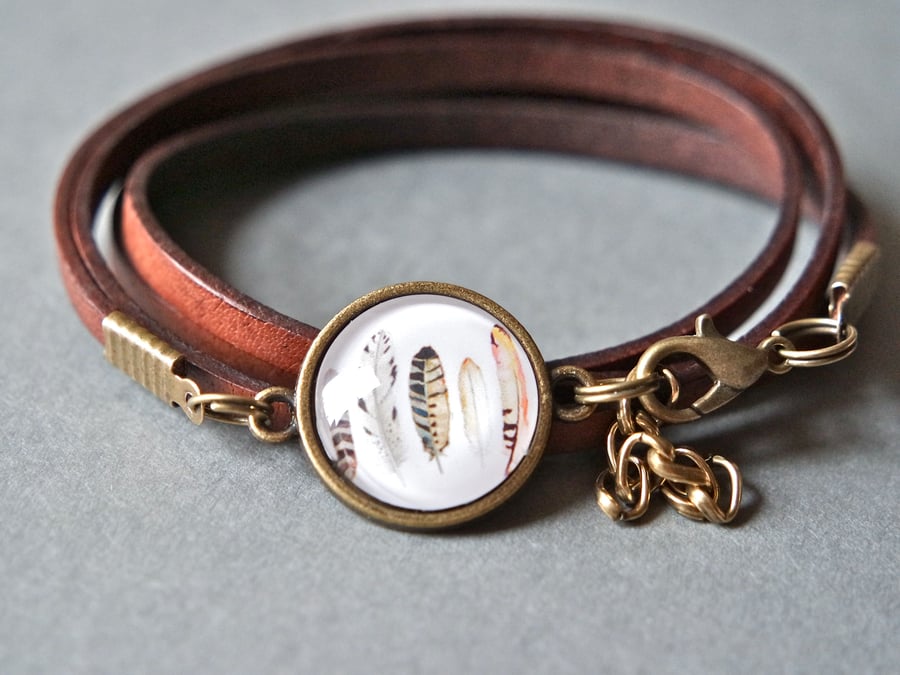 Leather wrap bracelet - Feathers brown boho V